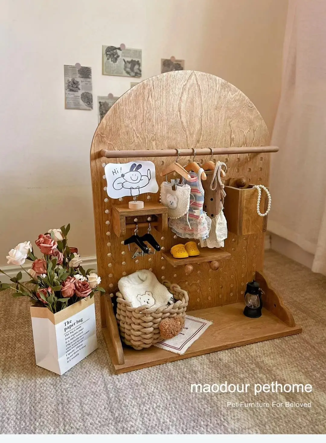 Pet accessory wall rack arranged with shelves and storage boxes